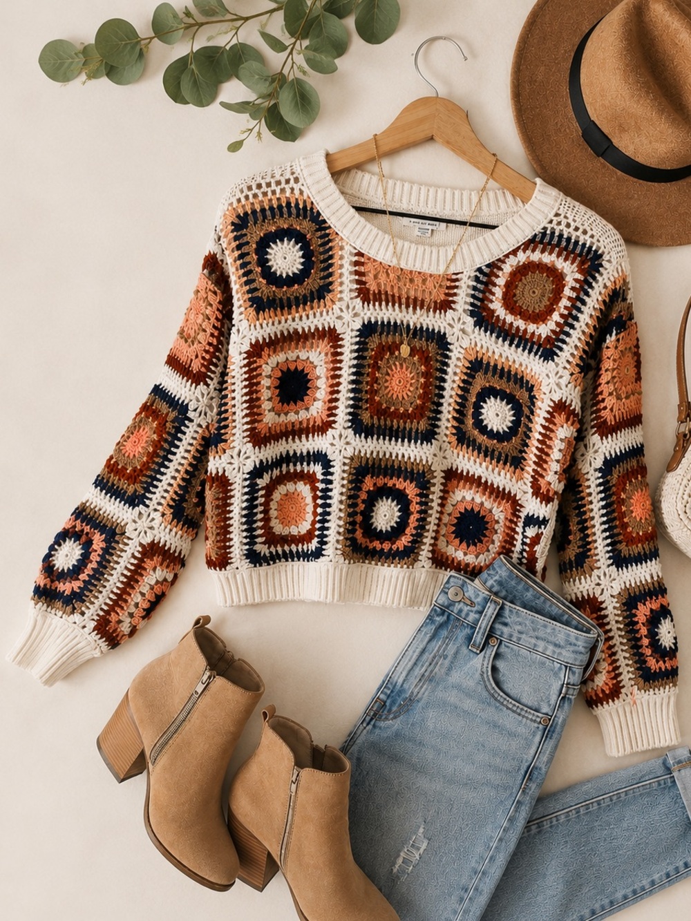 American Eagle Outfitters Crochet Square Sweater - Cream, Rust & Navy